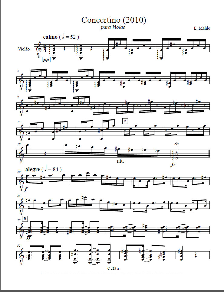 Concertino (2010) for Guitar and Strings by Ernst Mahle, Guitar Solo Part